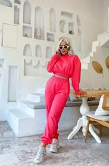 Uzun Kollu Kapüşonlu Beli Lastik Detay Sweat Ve Yüksek Bel Bileği Lastikli Pantolon Üç Üplik Kumaş Ikili Takım