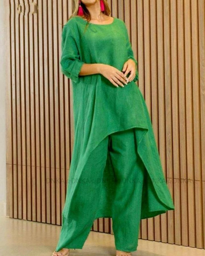 Uzun Kollu Kayık Yaka Detay Tunik Ve Pantolon Ikili Takım