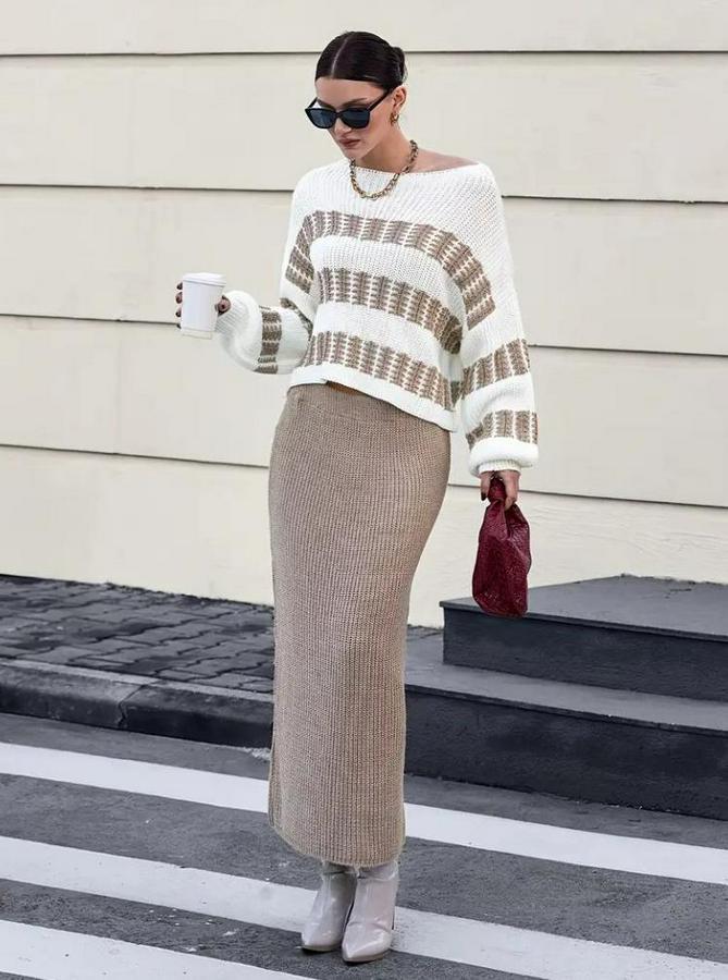 Uzun Kollu Kayık Yakalı Salaş Triko Bluz Ve Etek Ikili Takım