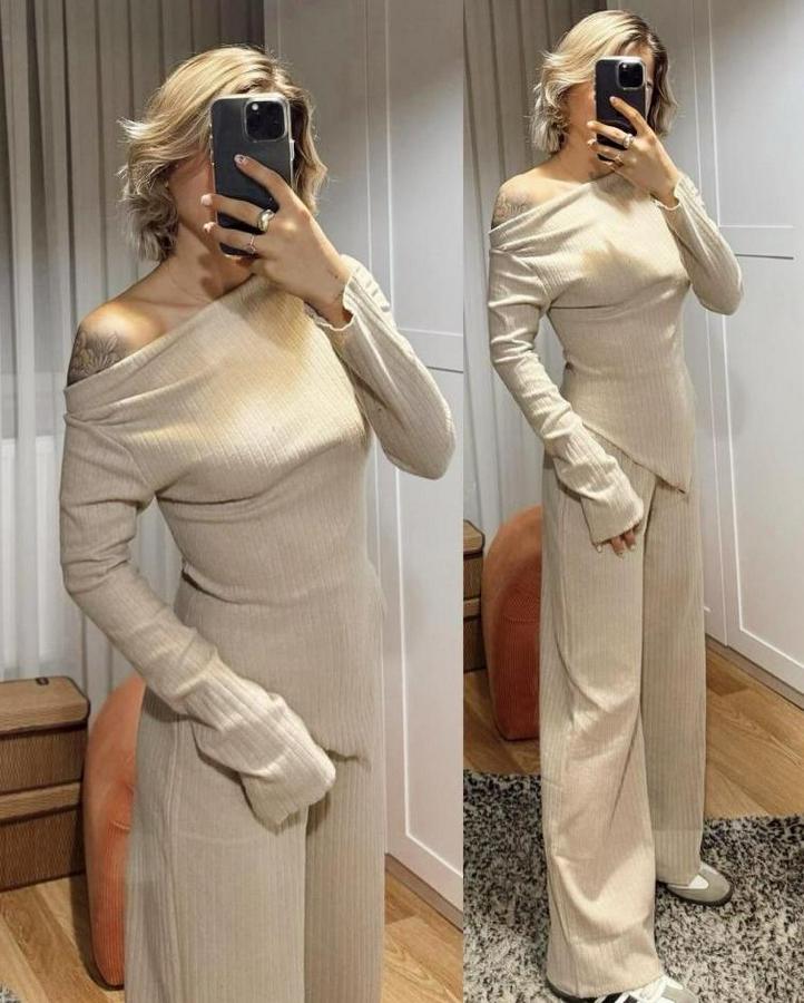 Uzun Kollu Omuzlardan Açık Asimetrik Kesim Kaşkorse Bluz Ve Pantolon Ikili Pantolon
