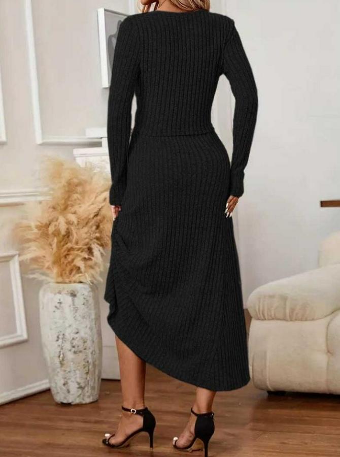 Uzun Kollu Önden Düğmeli Bluz Ve Yüksek Bel A Kesim Uzun Etek Şardonlu Kaşkorse Ikili Takım