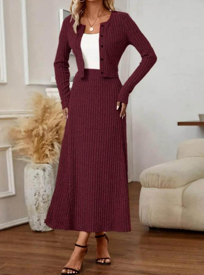 Uzun Kollu Önden Düğmeli Bluz Ve Yüksek Bel A Kesim Uzun Etek Şardonlu Kaşkorse Ikili Takım