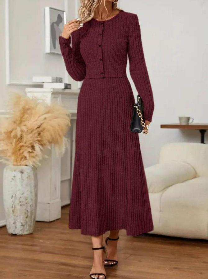 Uzun Kollu Önden Düğmeli Bluz Ve Yüksek Bel A Kesim Uzun Etek Şardonlu Kaşkorse Ikili Takım