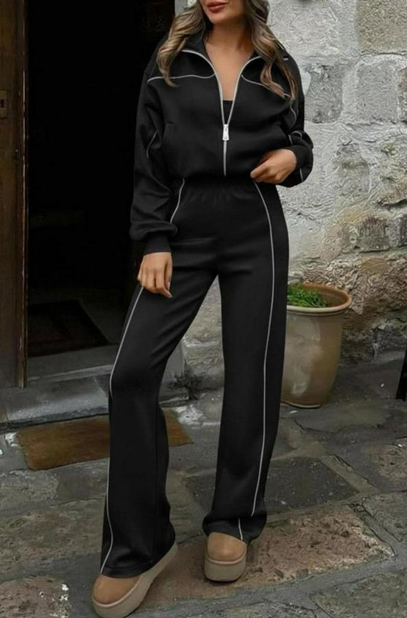 Uzun Kollu Önden Fermuarlı Bluz Ve Pantolon Modal Ikili Takım