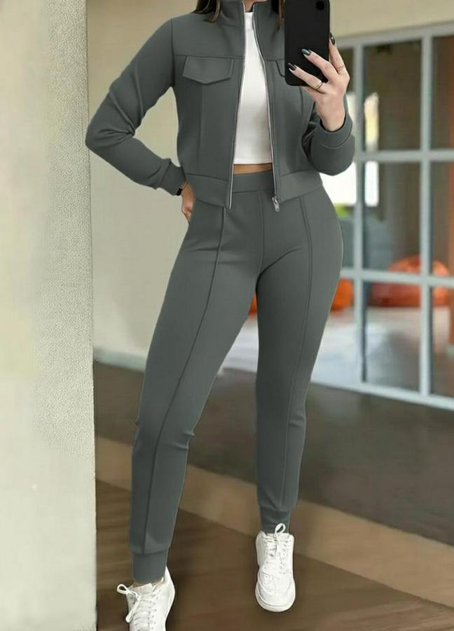 Uzun Kollu Önden Fermuarlı Kısa Modal Ceket Ve Pantolon Ikili Takım