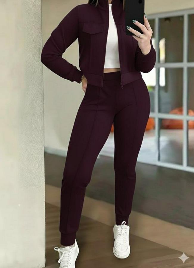 Uzun Kollu Önden Fermuarlı Kısa Modal Mor Ceket Ve Pantolon Ikili Takım