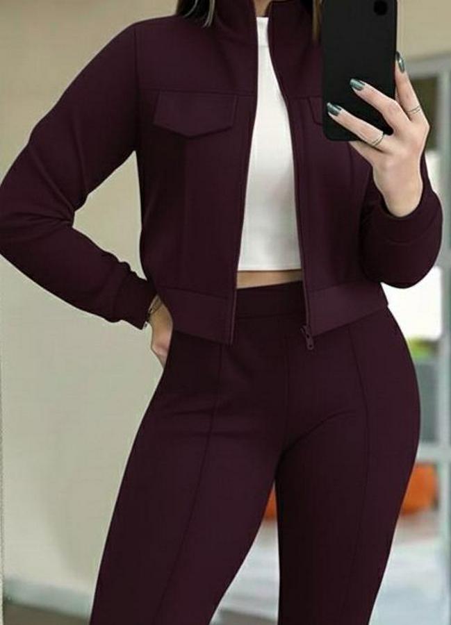 Uzun Kollu Önden Fermuarlı Kısa Modal Mor Ceket Ve Pantolon Ikili Takım