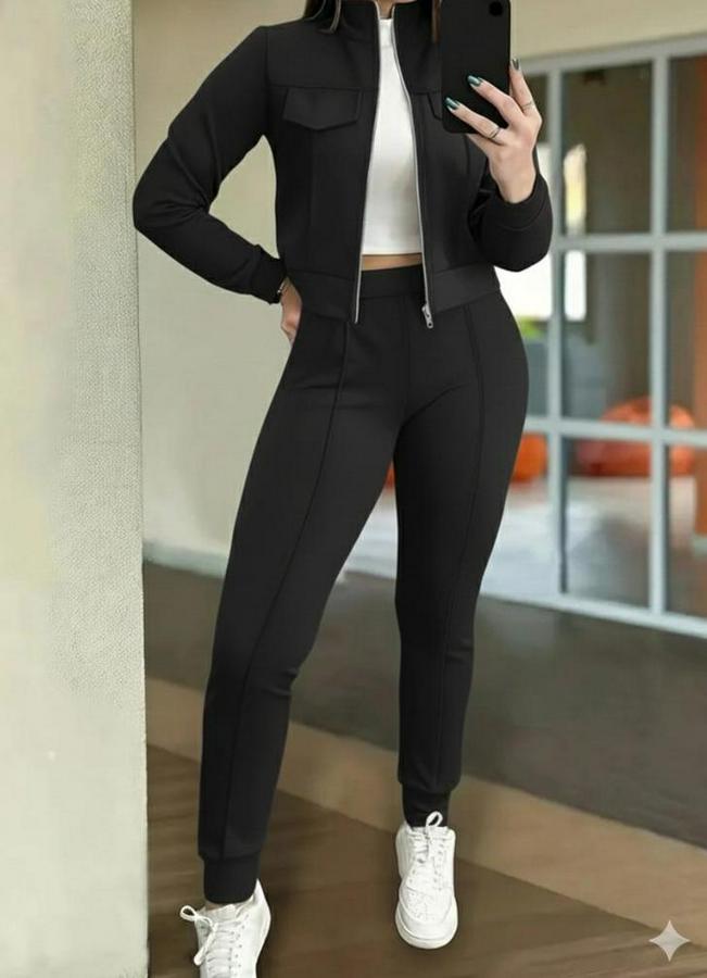 Uzun Kollu Önden Fermuarlı Kısa Modal Ceket Ve Pantolon Ikili Takım