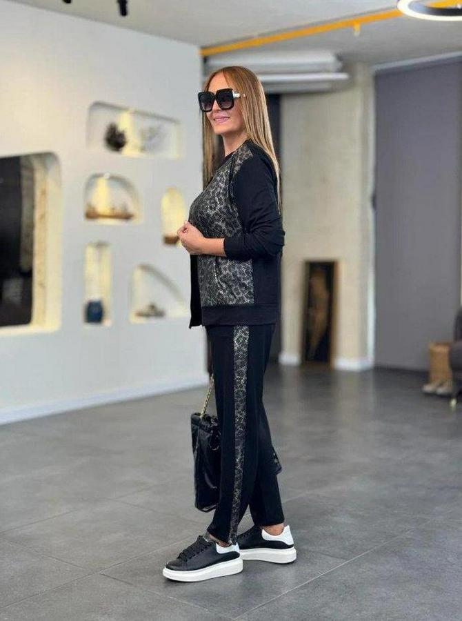 Uzun Kollu Önden Fermuarlı Leopar Desenli Viskon Iki Iplik Bluz Ve Pantolon Ikili Takım