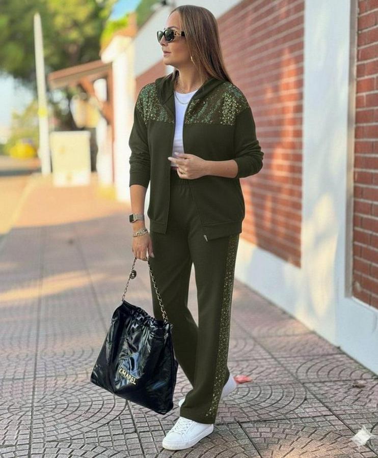 Uzun Kollu Önden Fermuarlı Pul Payetli Alt Üst Viskon Iki Iplik Takım