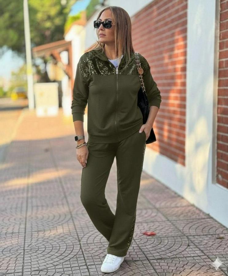 Uzun Kollu Önden Fermuarlı Pul Payetli Alt Üst Viskon Iki Iplik Takım