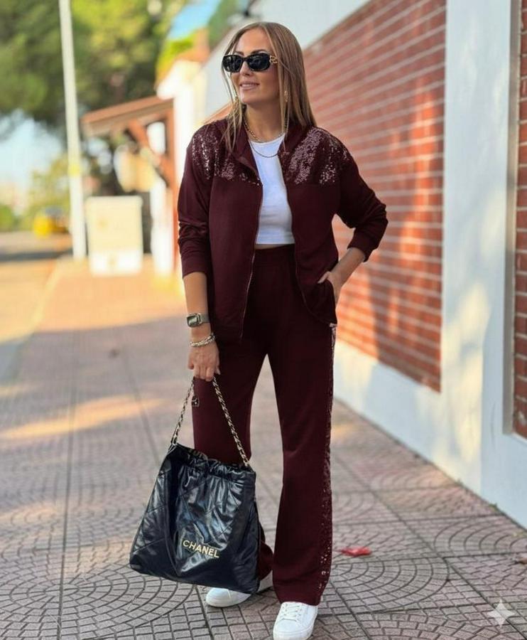 Uzun Kollu Önden Fermuarlı Pul Payetli Alt Üst Viskon Iki Iplik Takım