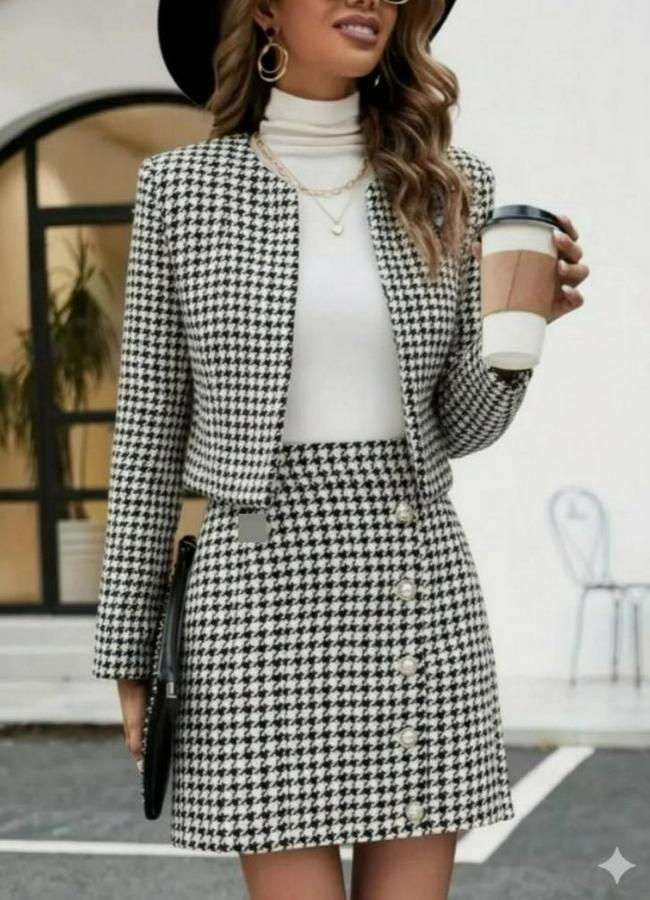 Uzun Kollu Önü Açık Dokuma Ceket Ve Mini Etek Ikili Takım