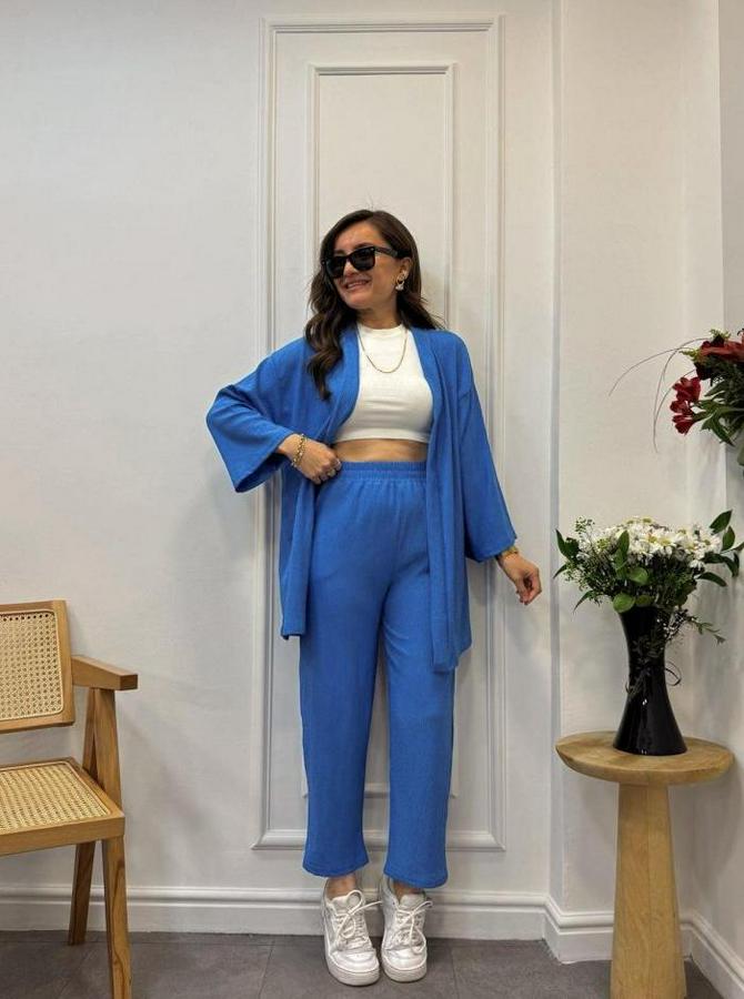 Uzun Kollu Önü Açık Dokuma Ceket Ve Pantolon Ikili Takım