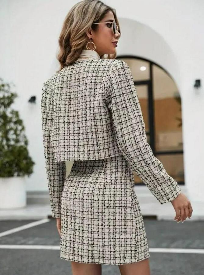 Uzun Kollu Önü Açık Düğme Detaylı Dokuma Ceket Etek Ikili Takım