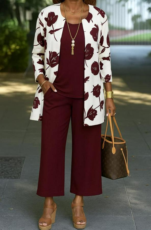 Uzun Kollu Önü Açık Modal Ceket Kolsuz Viskon Iki Iplik Bluz Ve Pantolon Üçlü Takım