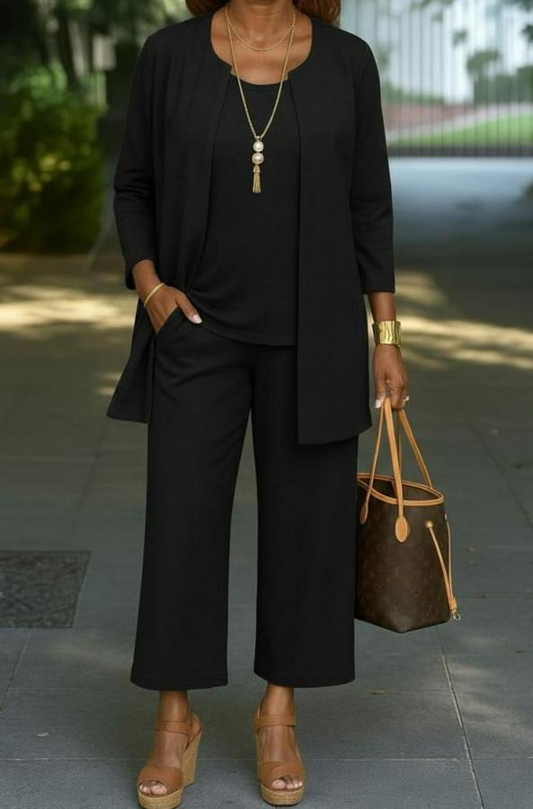 Uzun Kollu Önü Açık Modal Ceket Kolsuz Viskon Iki Iplik Bluz Ve Pantolon Üçlü Takım