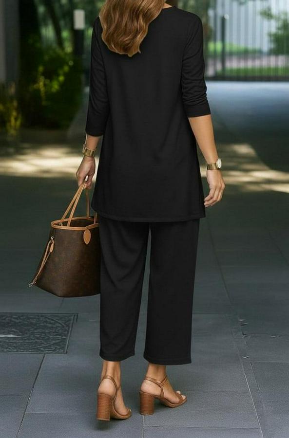 Uzun Kollu Önü Açık Modal Ceket Kolsuz Viskon Iki Iplik Bluz Ve Pantolon Üçlü Takım