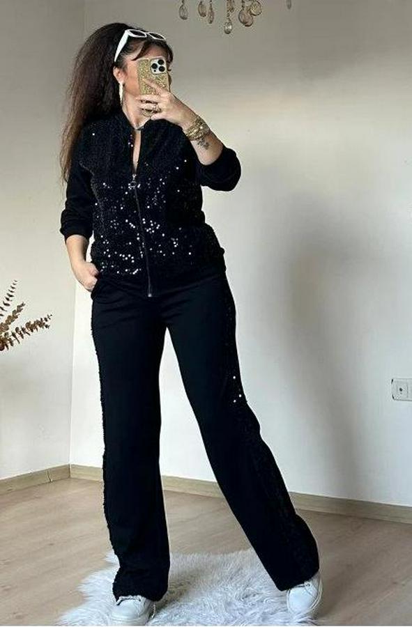 Uzun Kollu Pul Payet Detay Fermuarlı Iki Iplik Kumaş Ikili Takım