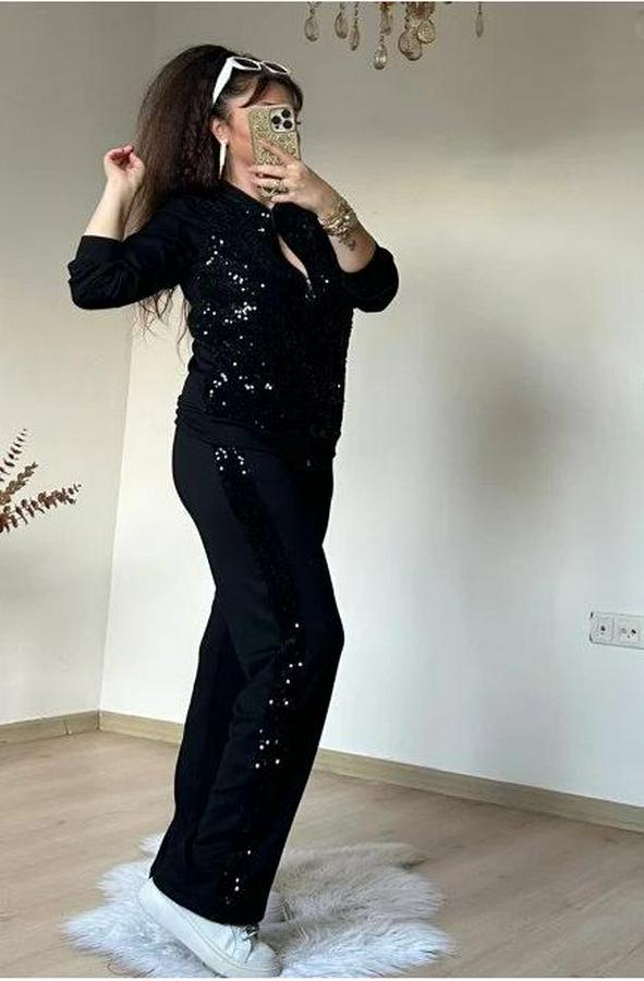 Uzun Kollu Pul Payet Detay Fermuarlı Iki Iplik Kumaş Ikili Takım