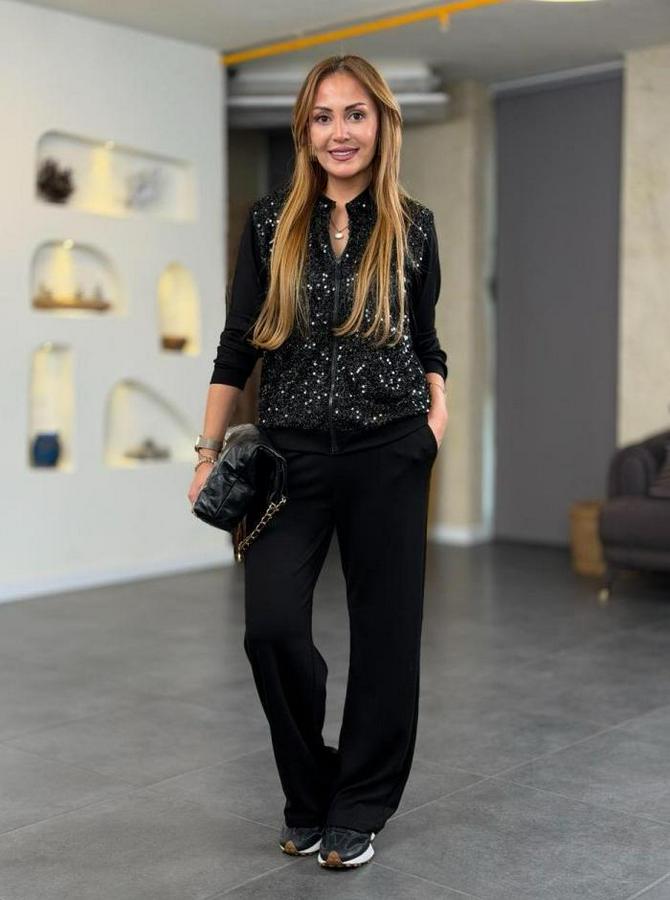 Uzun Kollu Pul Payet Ve Fermuar Detay Ikili Takım