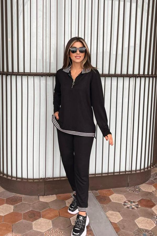 Uzun Kollu Ribana Ve Fermuar Detay Bluz Ve Yüksel Bel Pantolon 2li Takım