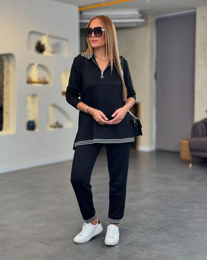 Uzun Kollu Ribana Ve Fermuar Detay Bluz Ve Yüksel Bel Pantolon 2li Takım