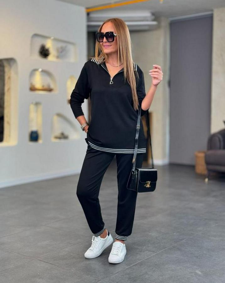 Uzun Kollu Ribana Ve Fermuar Detay Bluz Ve Yüksel Bel Pantolon 2li Takım