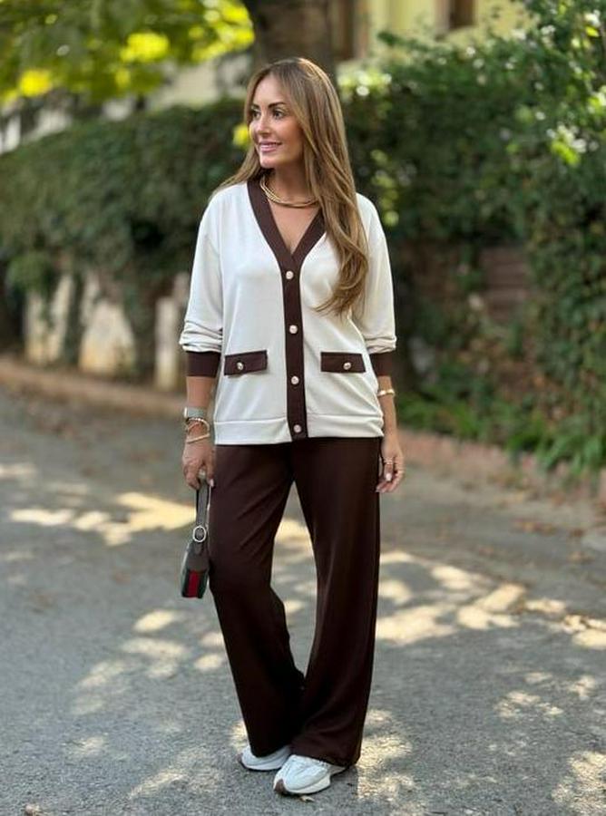 Uzun Kollu Ribanali Cep Detay Hırka Ve Bol Paça Pantolon Ikili Takım