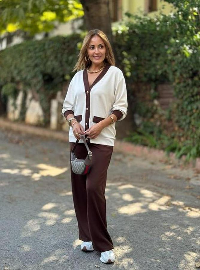 Uzun Kollu Ribanali Cep Detay Hırka Ve Bol Paça Pantolon Ikili Takım