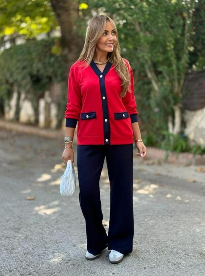 Uzun Kollu Ribanali Cep Detay Hırka Ve Bol Paça Pantolon Ikili Takım