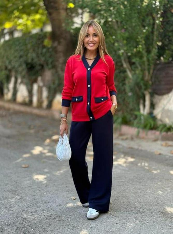 Uzun Kollu Ribanali Cep Detay Hırka Ve Bol Paça Pantolon Ikili Takım