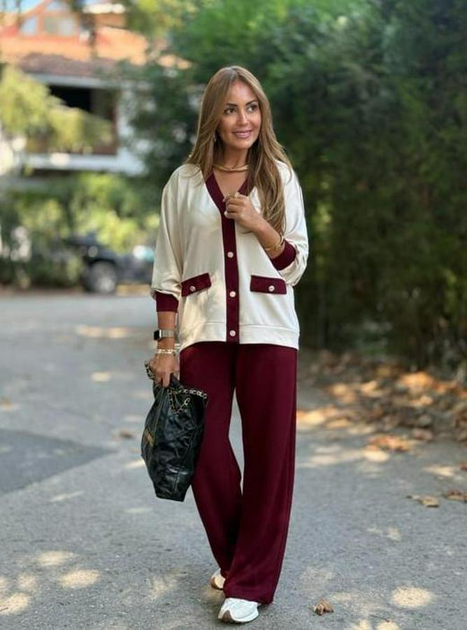 Uzun Kollu Ribanali Cep Detay Hırka Ve Bol Paça Pantolon Ikili Takım