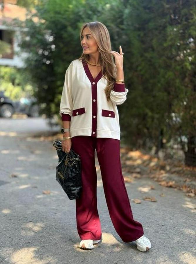 Uzun Kollu Ribanali Cep Detay Hırka Ve Bol Paça Pantolon Ikili Takım