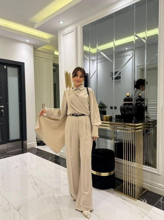 Uzun Kollu Şal Detaylı Bluz Ve Pantolon Kemer Dahil Ikili Takım