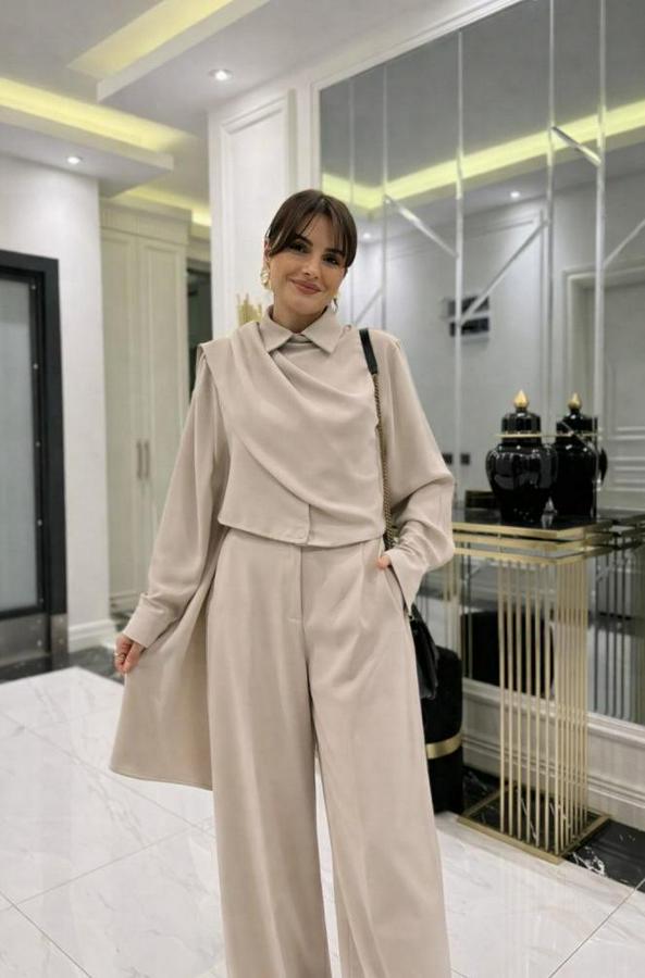 Uzun Kollu Şal Detaylı Bluz Ve Pantolon Kemer Dahil Ikili Takım