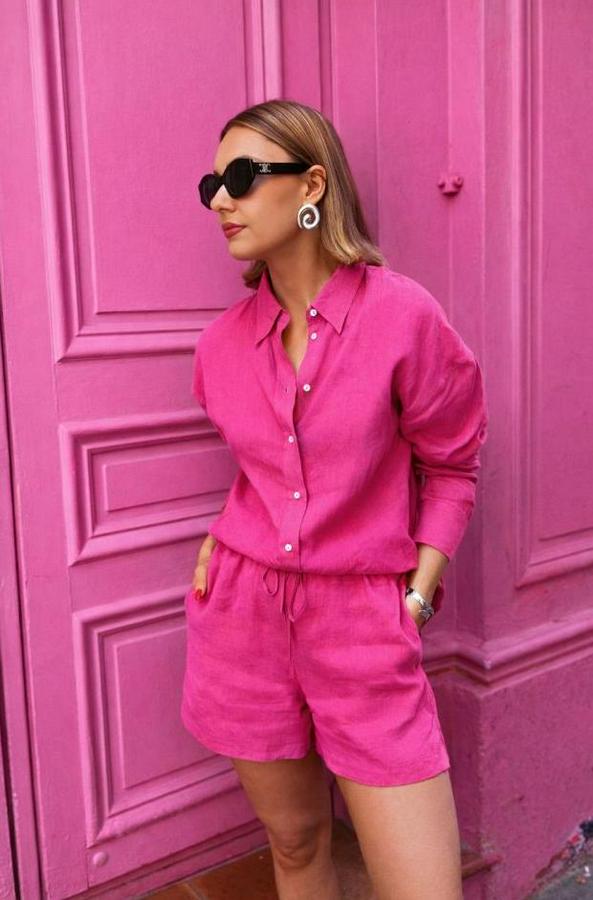 Uzun Kollu Salaş Gömlek Ve Şort Keten Ikili Takım