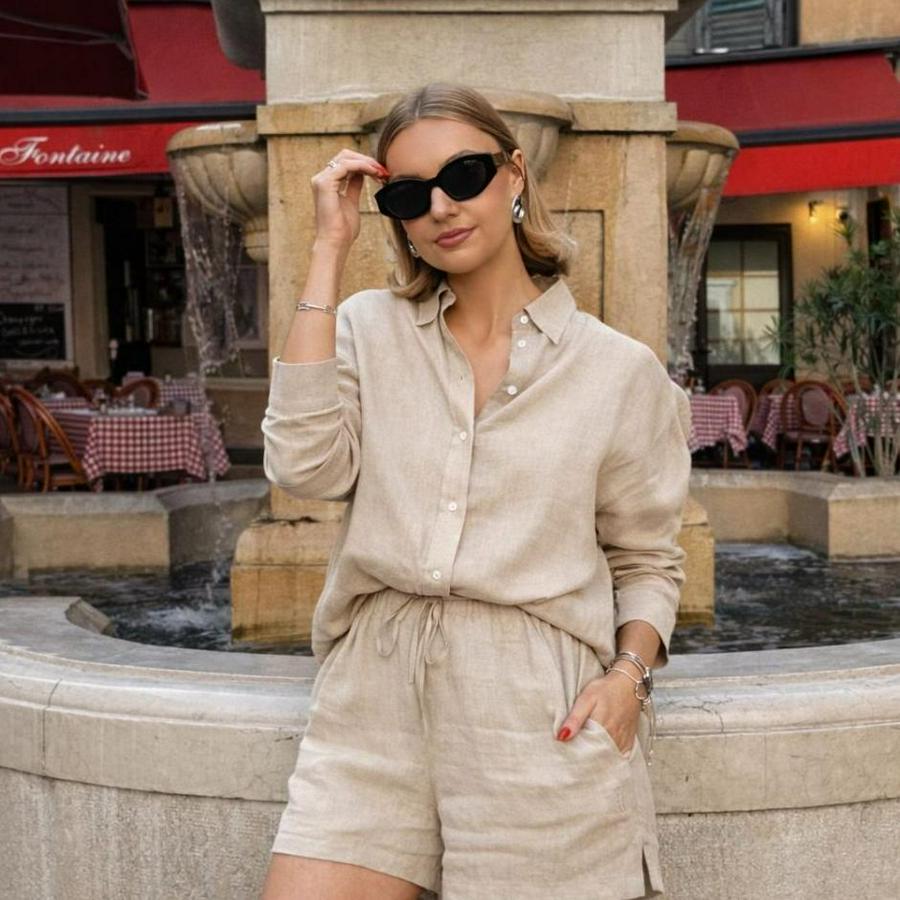 Uzun Kollu Salaş Gömlek Ve Şort Keten Ikili Takım