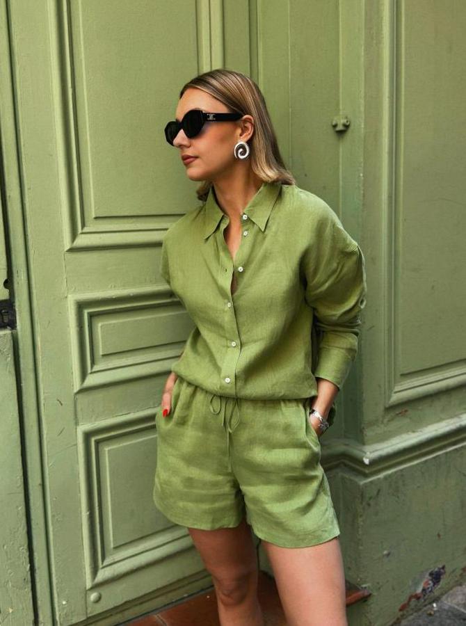 Uzun Kollu Salaş Gömlek Ve Şort Keten Ikili Takım