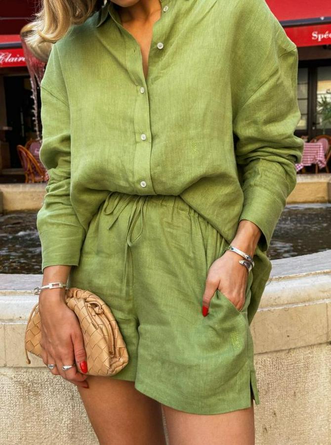 Uzun Kollu Salaş Gömlek Ve Şort Keten Ikili Takım