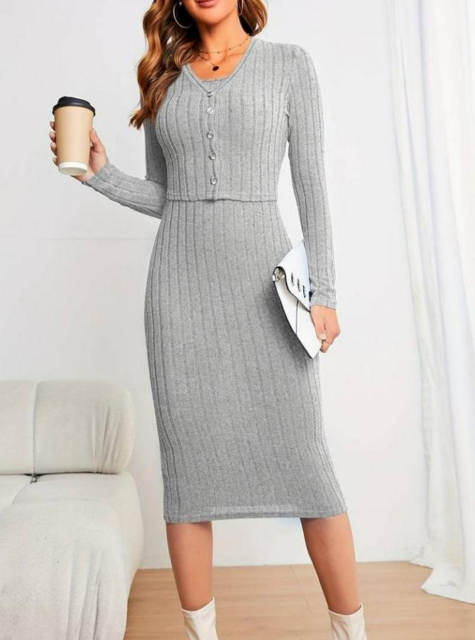 Uzun Kollu Şardonlu Kaşkorseönü Düğmeli Mini Boy Elbise Ikili Takım