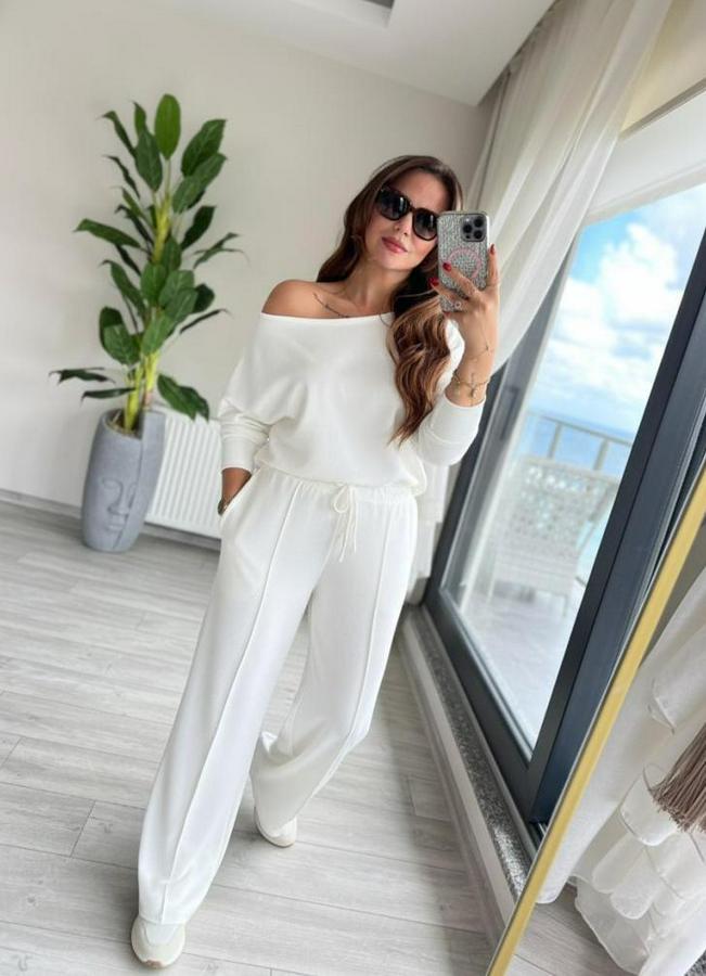 Uzun Kollu Tek Omuzdan Açık Dalgıç Bluz Ve Pantolon Ikili Takım