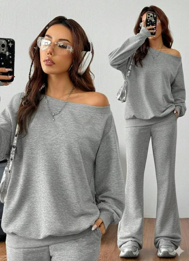 Uzun Kollu Tek Omuzdan Açık Iki Iplik Bluz Ve Pantolon Ikili Takım