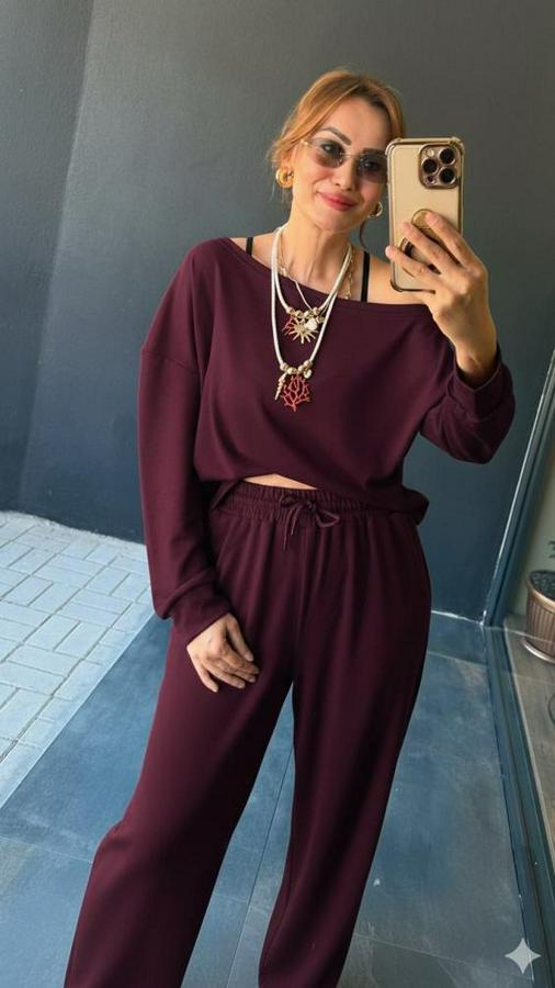 Uzun Kollu Tek Omuzdan Açık Viskon Iki Iplik Bluz Ve Pantolon Ikili Takım