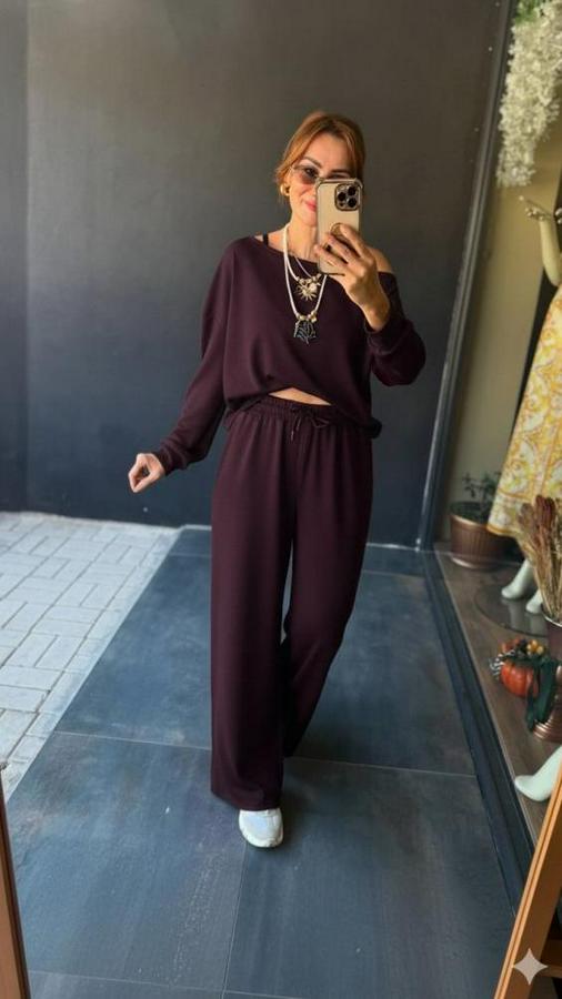 Uzun Kollu Tek Omuzdan Açık Viskon Iki Iplik Bluz Ve Pantolon Ikili Takım