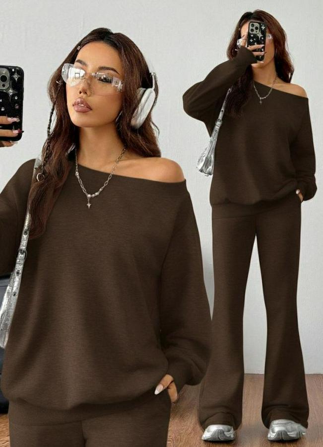 Uzun Kollu Tek Omuzdan Ikmiki Iplik Bluz Ve Pantolon Ikili Takım