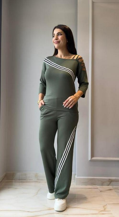 Uzun Kollu Truvakar Kol Tek Omuz Çapraz Şerit Detaylı Ribanalı Viskon Iki Iplik Bluz Ve Pantolon Ikili Takım