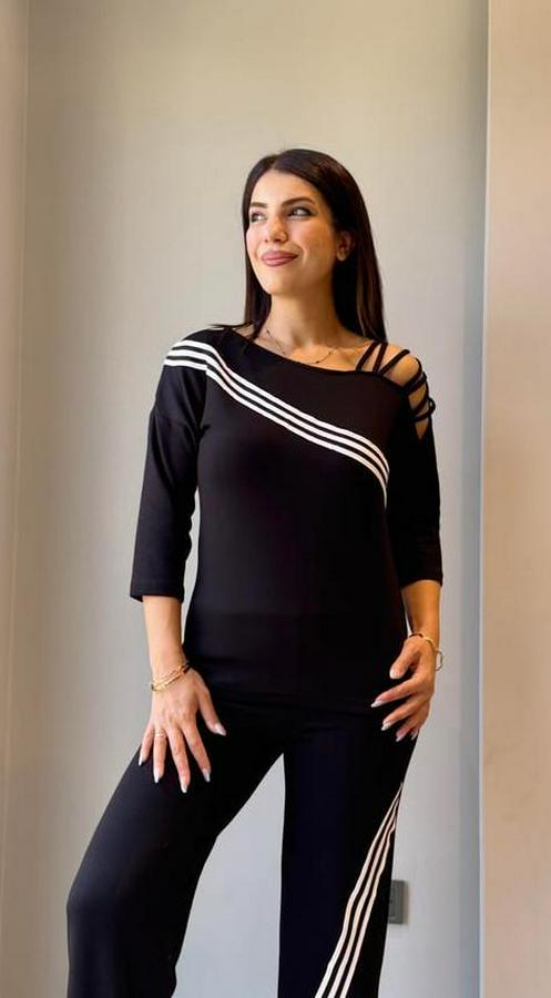 Uzun Kollu Truvakar Kol Tek Omuz Çapraz Şerit Detaylı Ribanalı Viskon Iki Iplik Bluz Ve Pantolon Ikili Takım