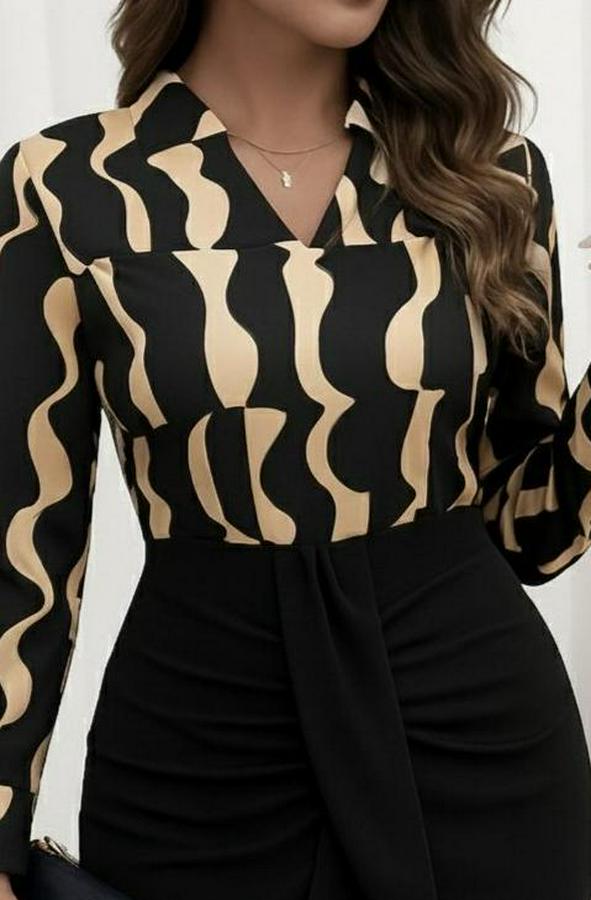 Uzun Kollu V Hakim Yakalı Desenli Dalgıç Bluz Ve Önden Büzgülü Krep Ikili Takım