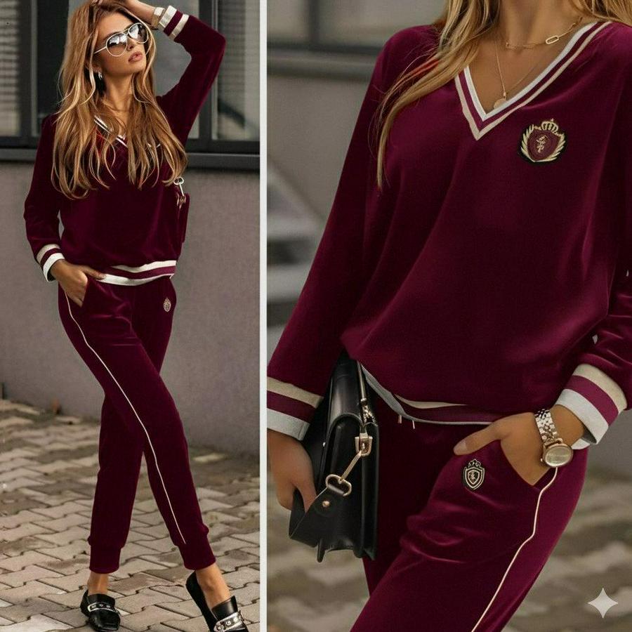 Uzun Kollu V Yaka Yakası Ve Kol Ağzı Şerit Detay Kadife Takım